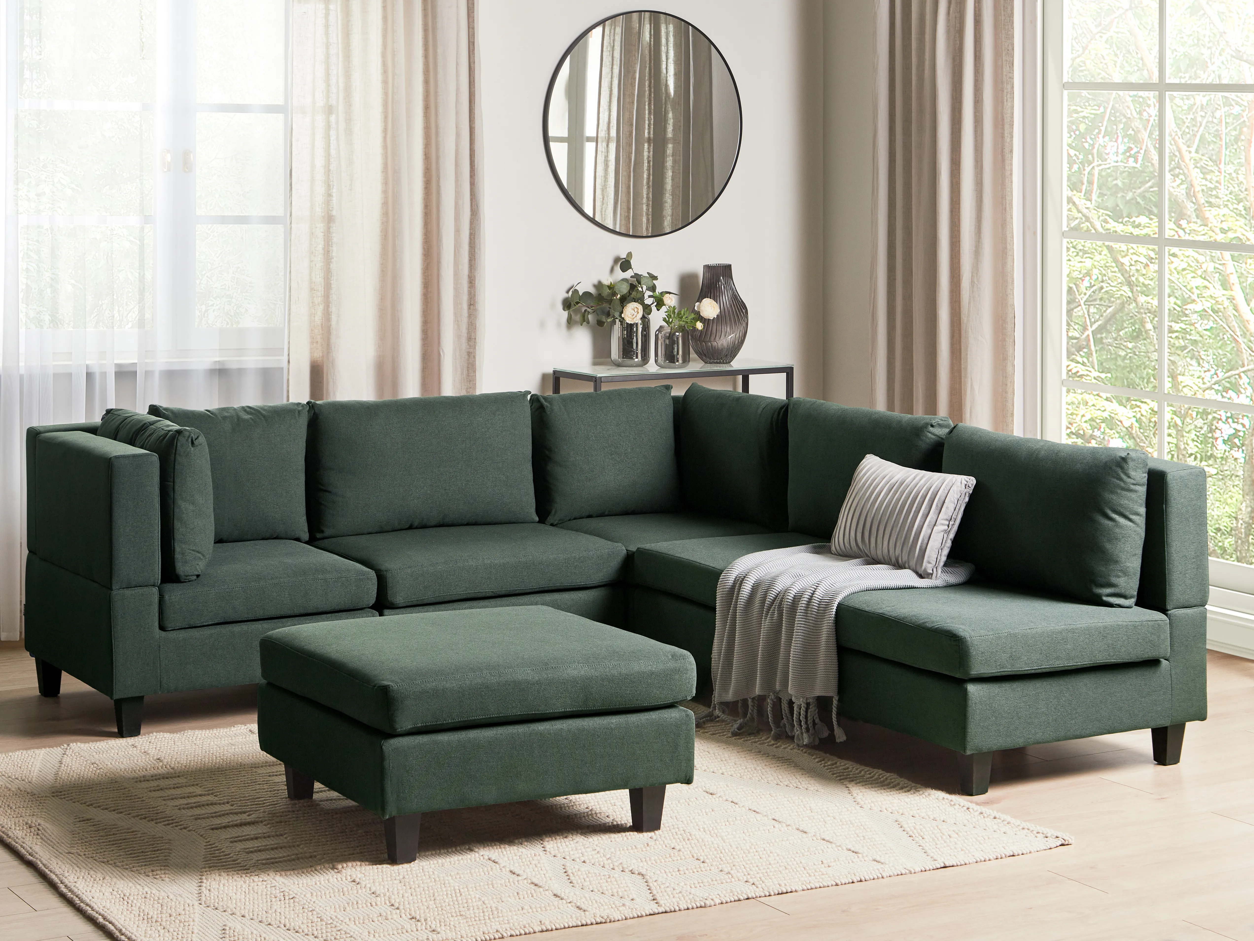 Modular Corner Sofa 5 Seater UNSTAD Fabric Dark Green with Ottoman Right Hand