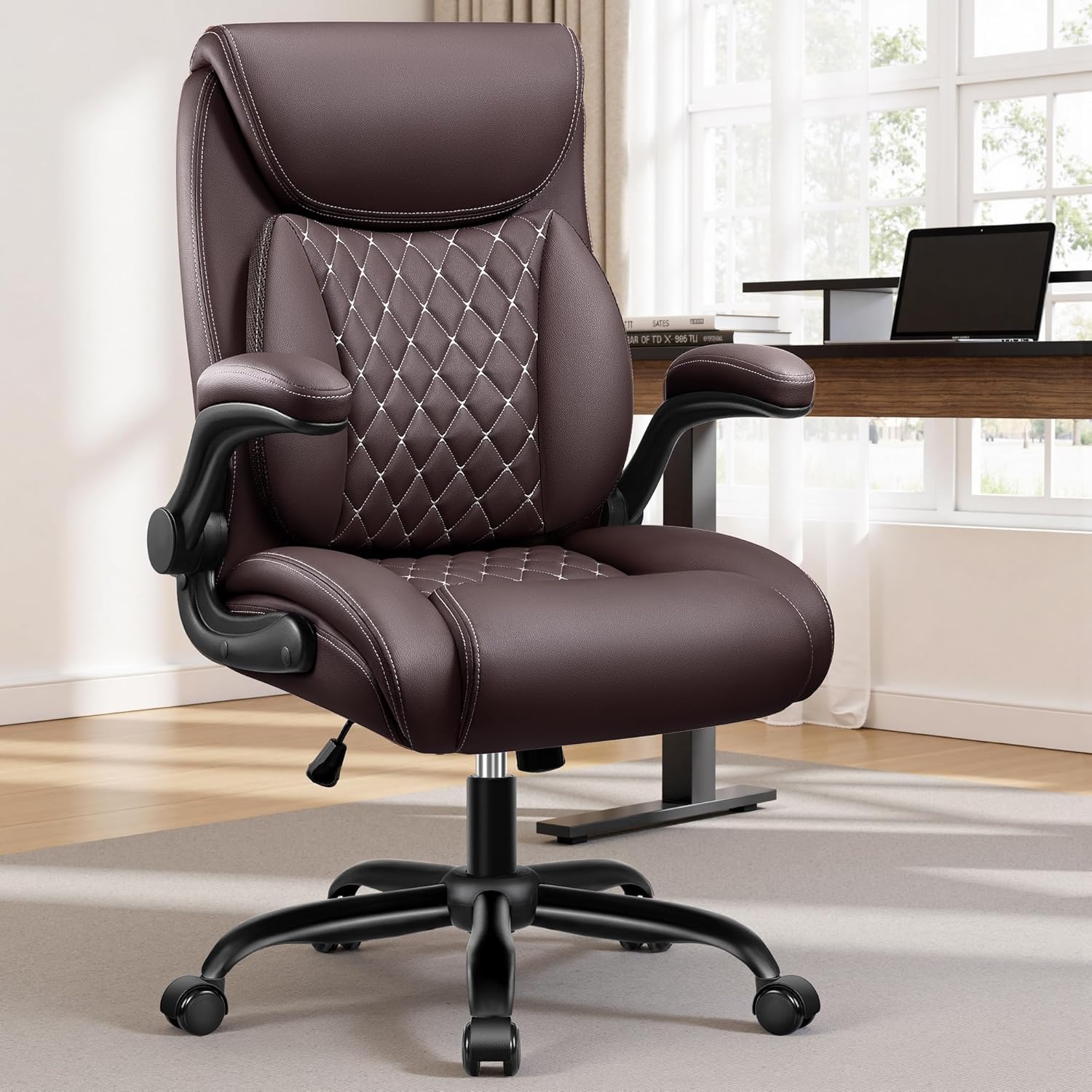 BESTFAIR Office Chair, Executive Computer Desk Chair with Lumbar Support for Lower Back Pain Relief, Ergonomic Leather Home Chair Comfy with Padded Flip-up Arms and Adjustable Armrests, Coffee