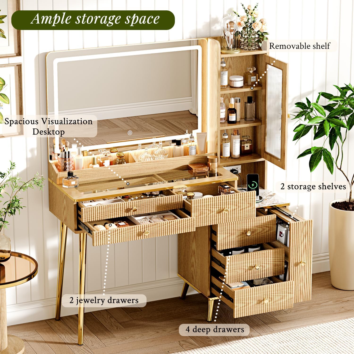Vanity Desk with 35.12 HD Lighted Mirror, 46.85 Big Modern Vanity Desk with Mirror and Lights, Makeup Vanity with 7 Drawers and Storage Shelves and Charging Station, Oak