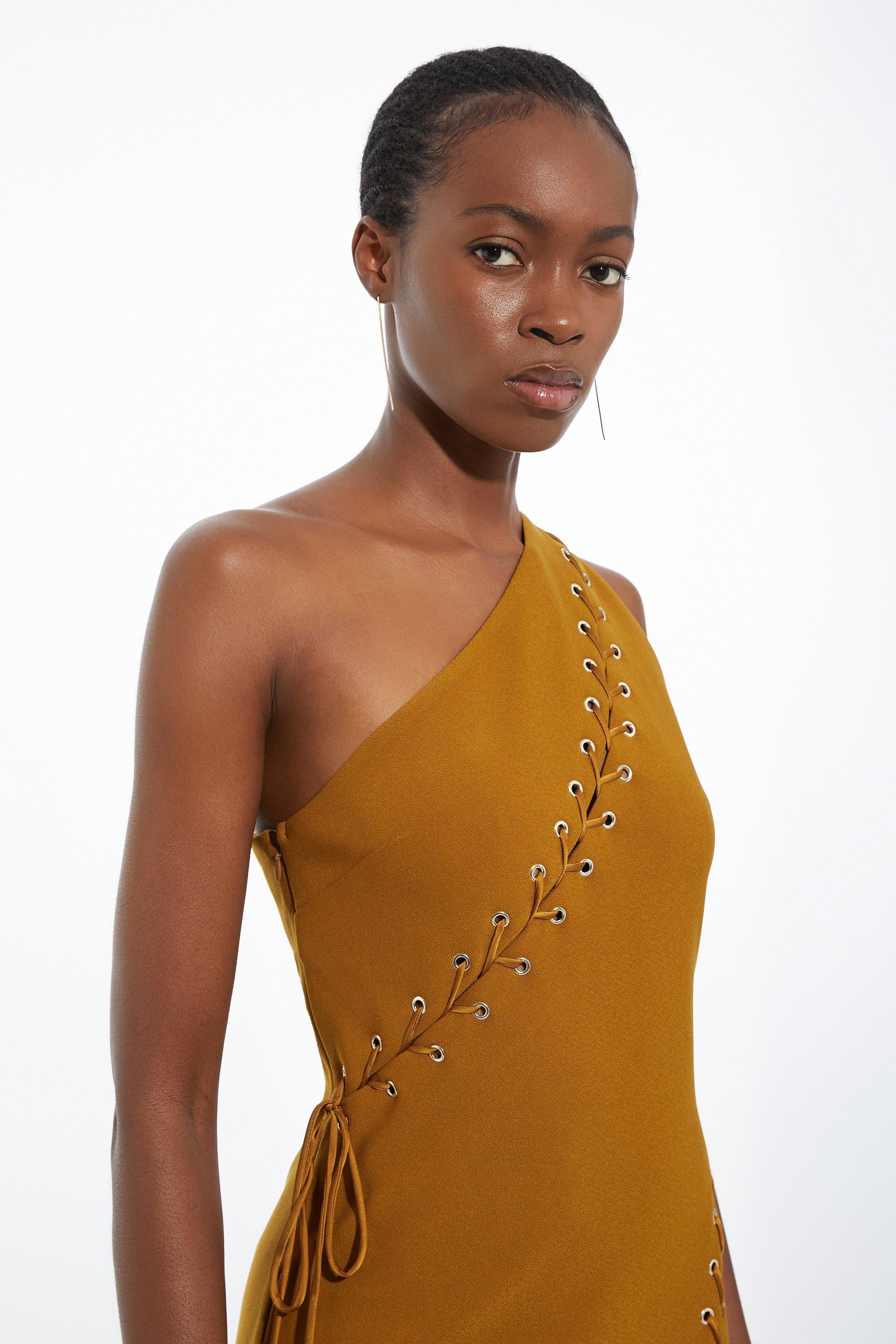KarenMillen Petite Figure Form Bandage Laced Detail Woven One Shoulder Midi Dress