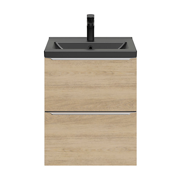 Meuble vasque suspendu faible profondeur effet chêne l.50 cm Imandra   plan vasque noir céramique Nira, GoodHome