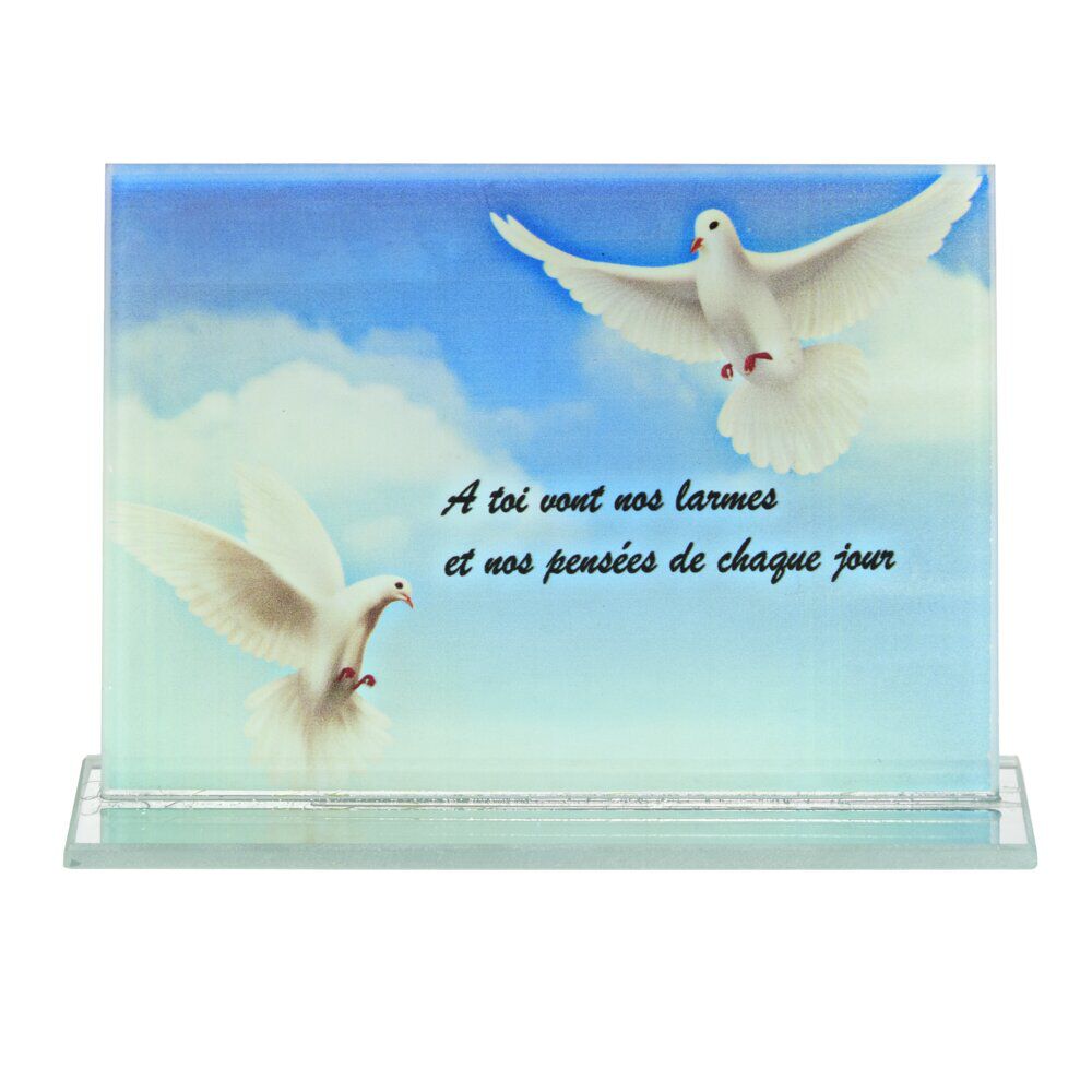 Plaque funéraire rectangulaire en verre décor oiseau et ciel bleu 16x3,5xH10,5cm