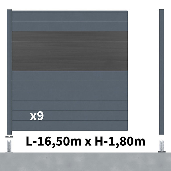 Kit Clôture Aluminium BAHIA &CRUZ Ardoise 16,5x1,8m - Aluminium et bois composite - Poteaux sur Platines gris - Occultation