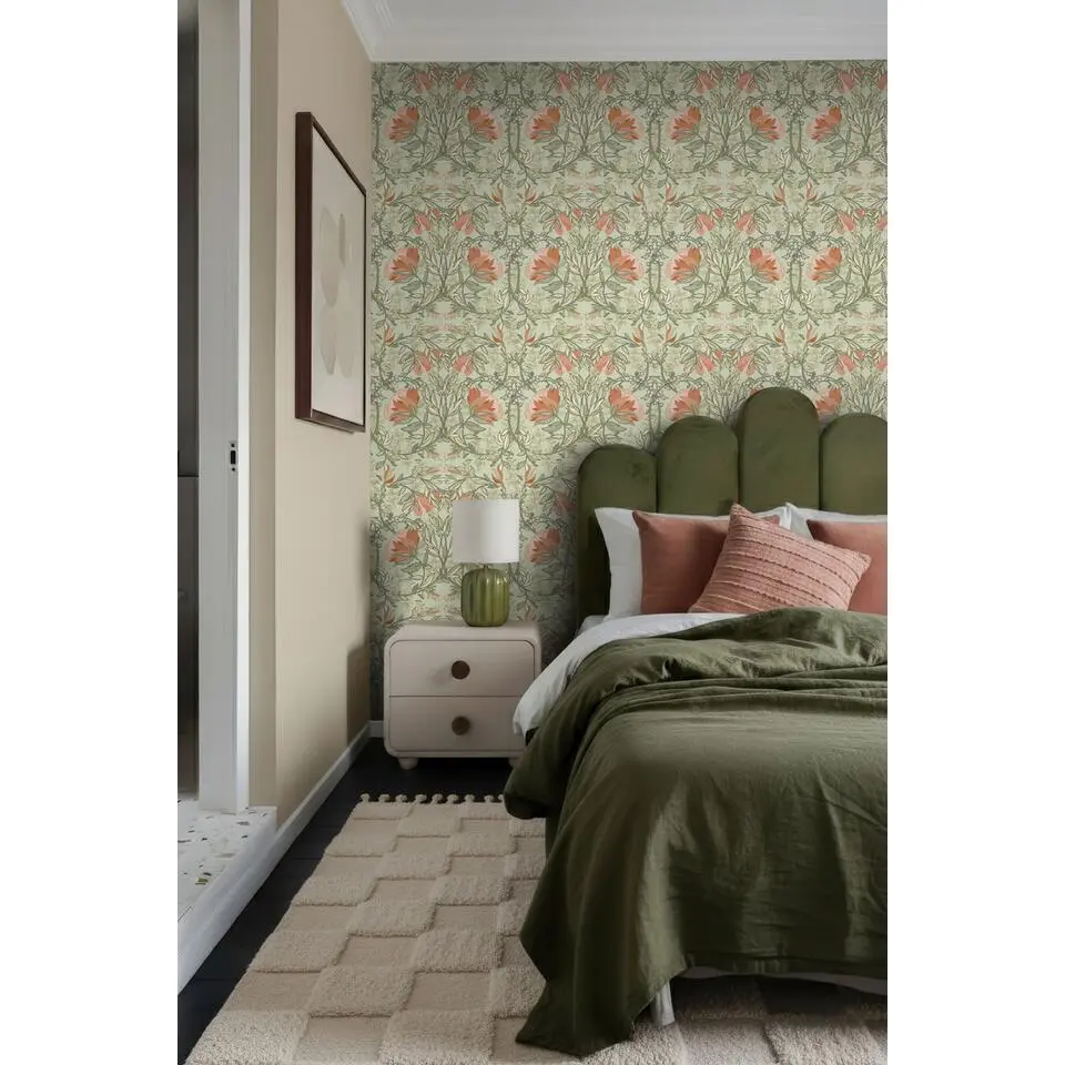 ESTAhome behang vintage bloemen in art nouveau stijl groen en terracotta