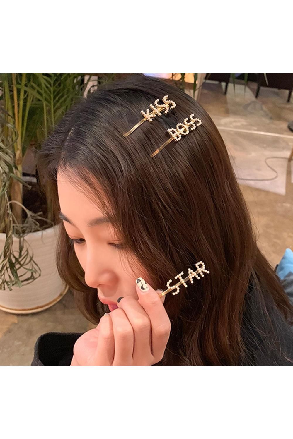 Envie Envie Pearl Words Hairpin Star Letter Statement Hair Clip Fashion Accessory Gold