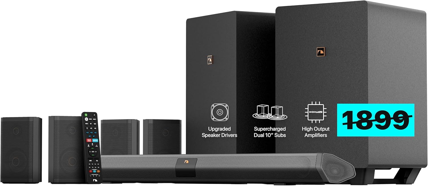 Nakamichi Shockwafe Ultra 9.2.4 Channel Soundbar System with Dolby Atmos/DTS:X, Dual 10 Subwoofers, 4 Rear Surround Speakers, 1300 Watts Max Output Power