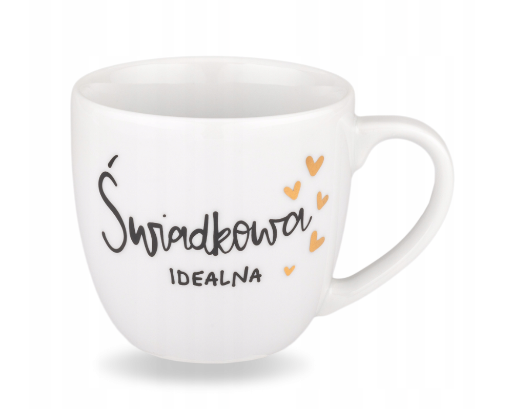 Biały kubek porcelanowy 300 ml - Świadkowa idealna złote serduszka