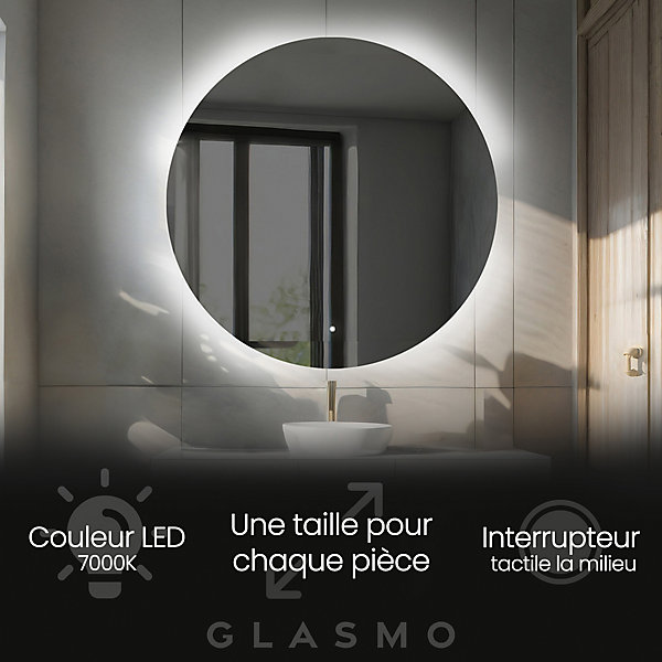 Miroir de Salle de Bain LED - Elsie, 100x100 cm, LED Lumineux Miroir, Blanc Froid 7000K, Interrupteur Tactile