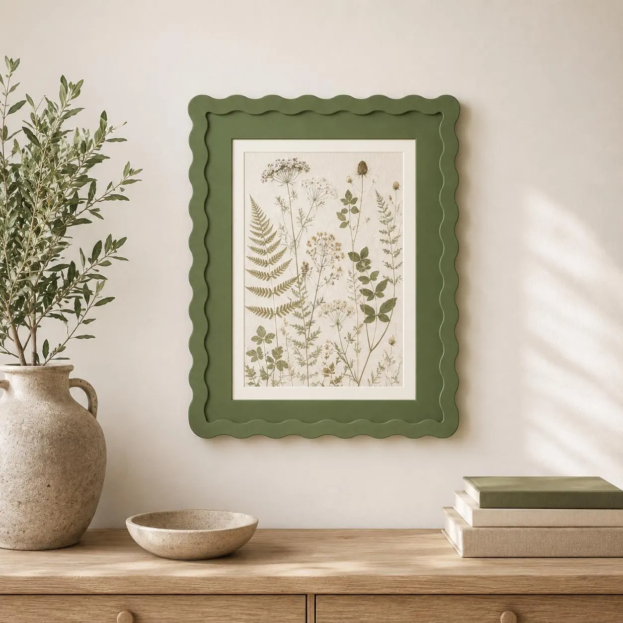 Sage Green Wavy Picture Frame, Scalloped Wood Photo Frame, Cottagecore Wall Decor, Botanical Art Frame Gift