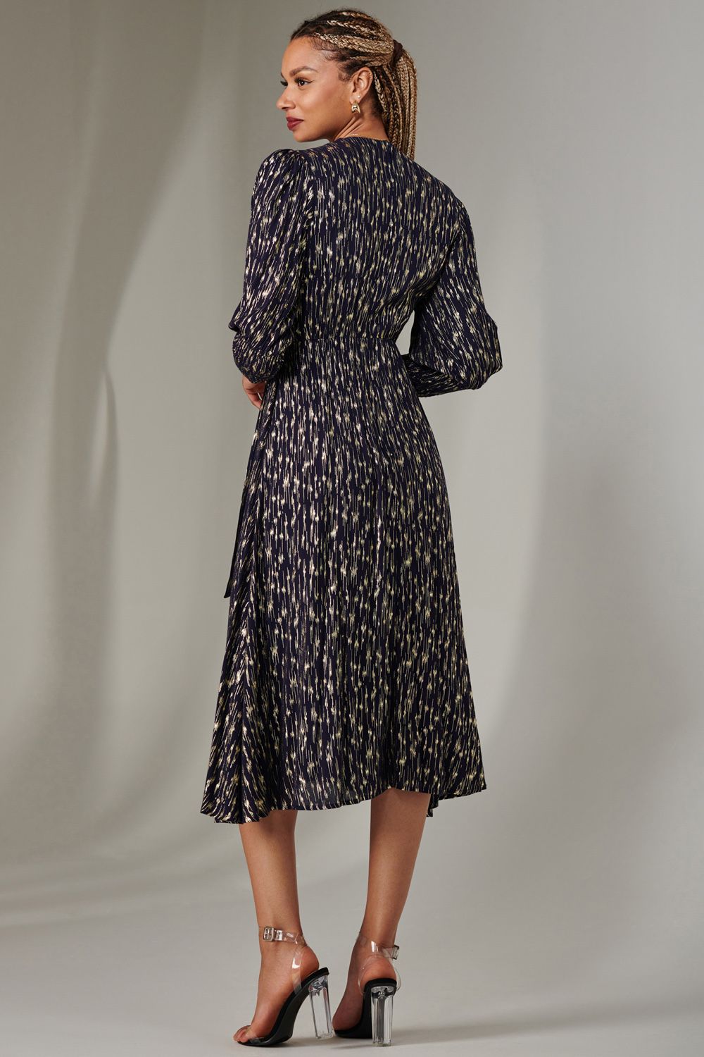 Jolie Moi Layla Long Sleeve Metallic Wrap Dress