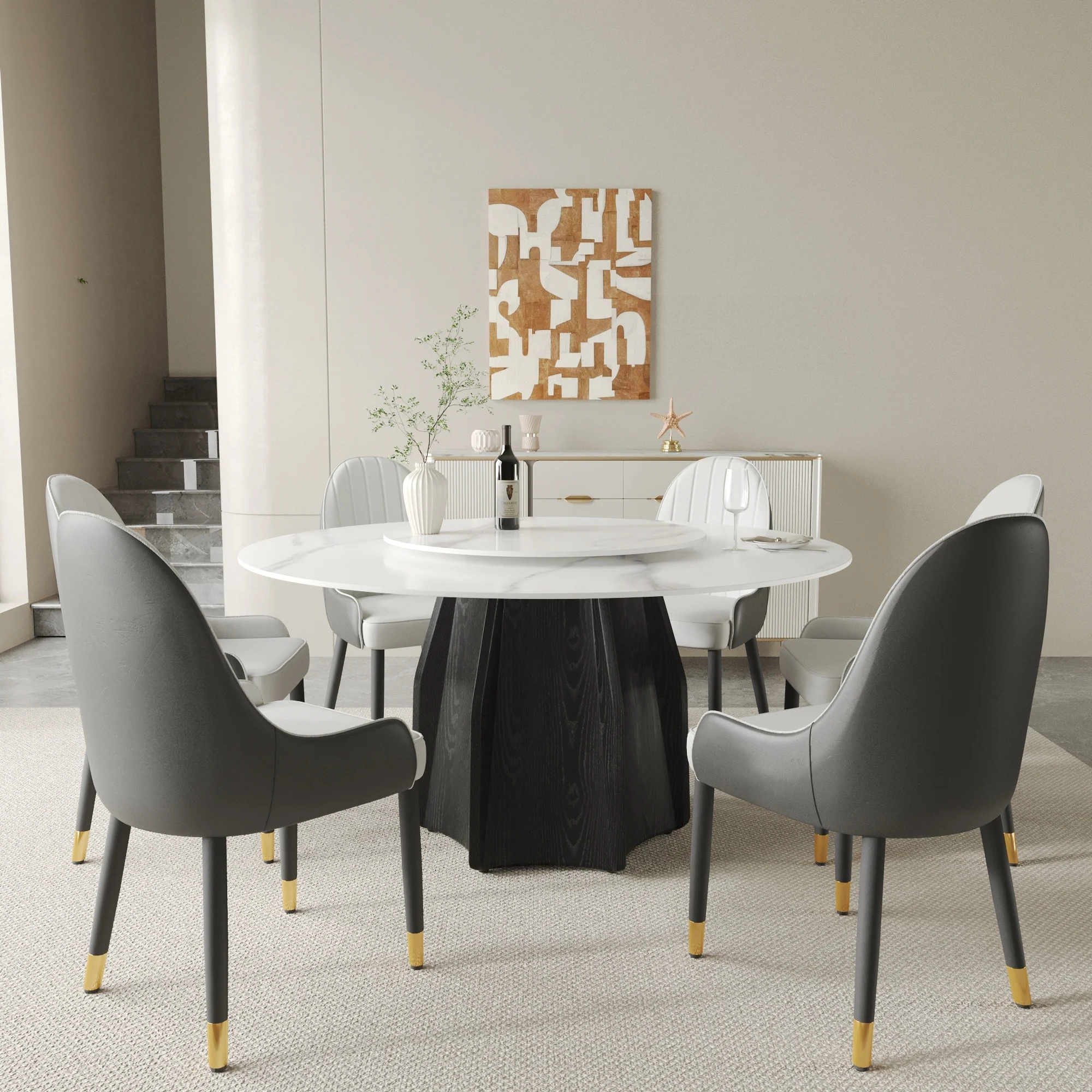 59.05'' Modern Round Sintered Stone Table Top Black Wood Pedestal with Lazy Susan