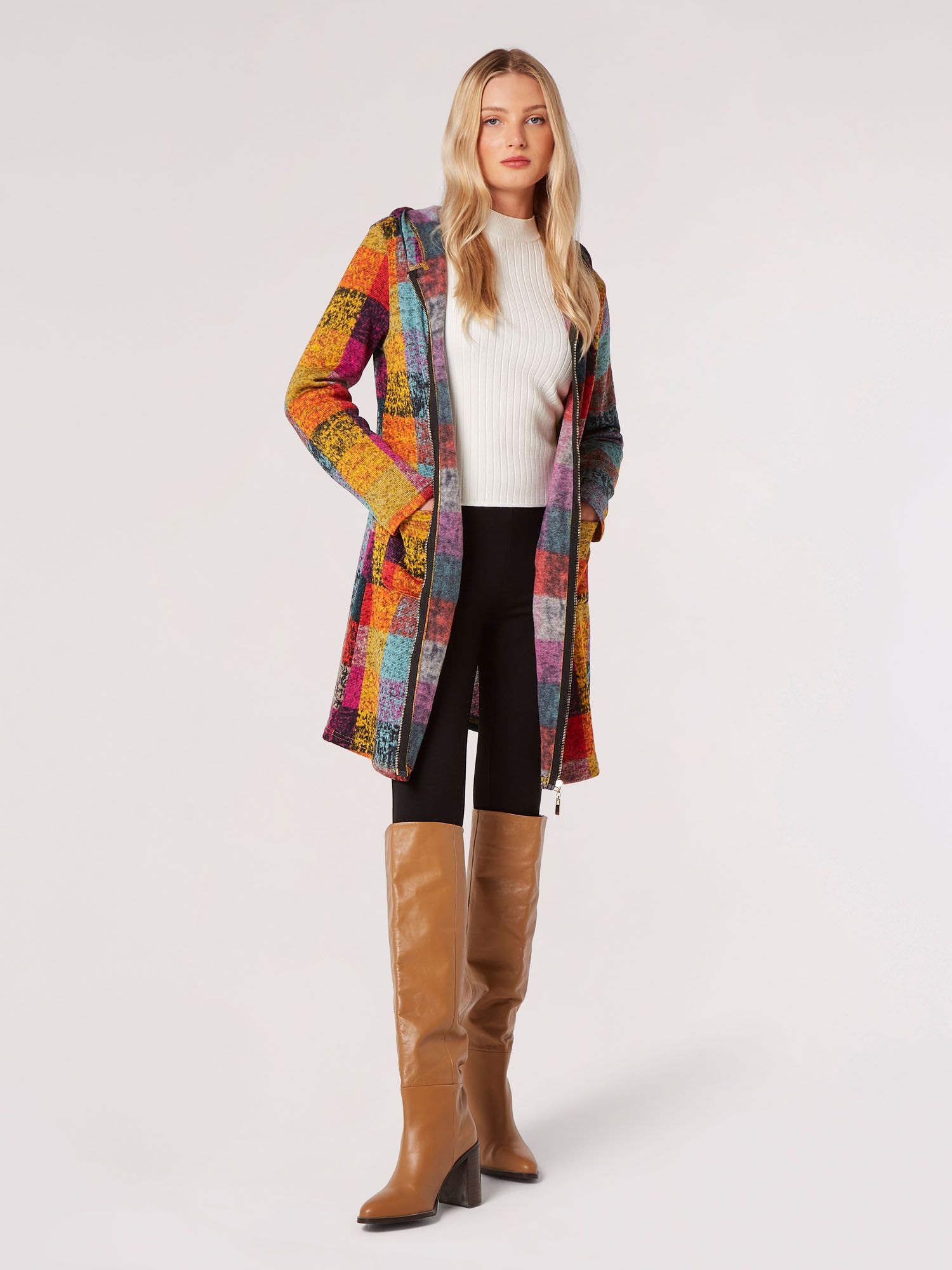 Apricot Colourful Check Hooded Coatigan