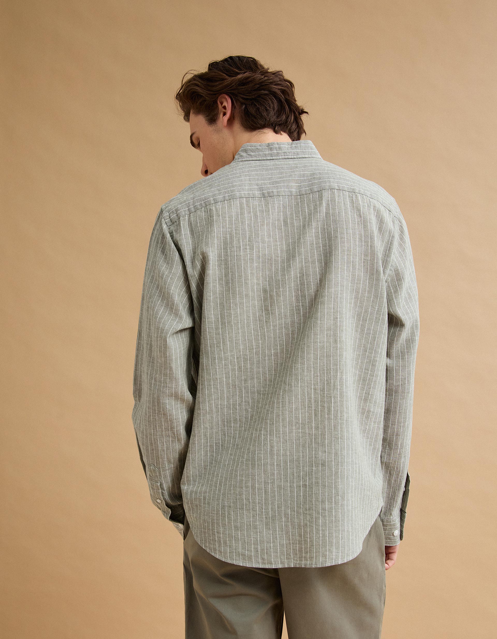 Camisa Riscas com Linho, Homem, Verde