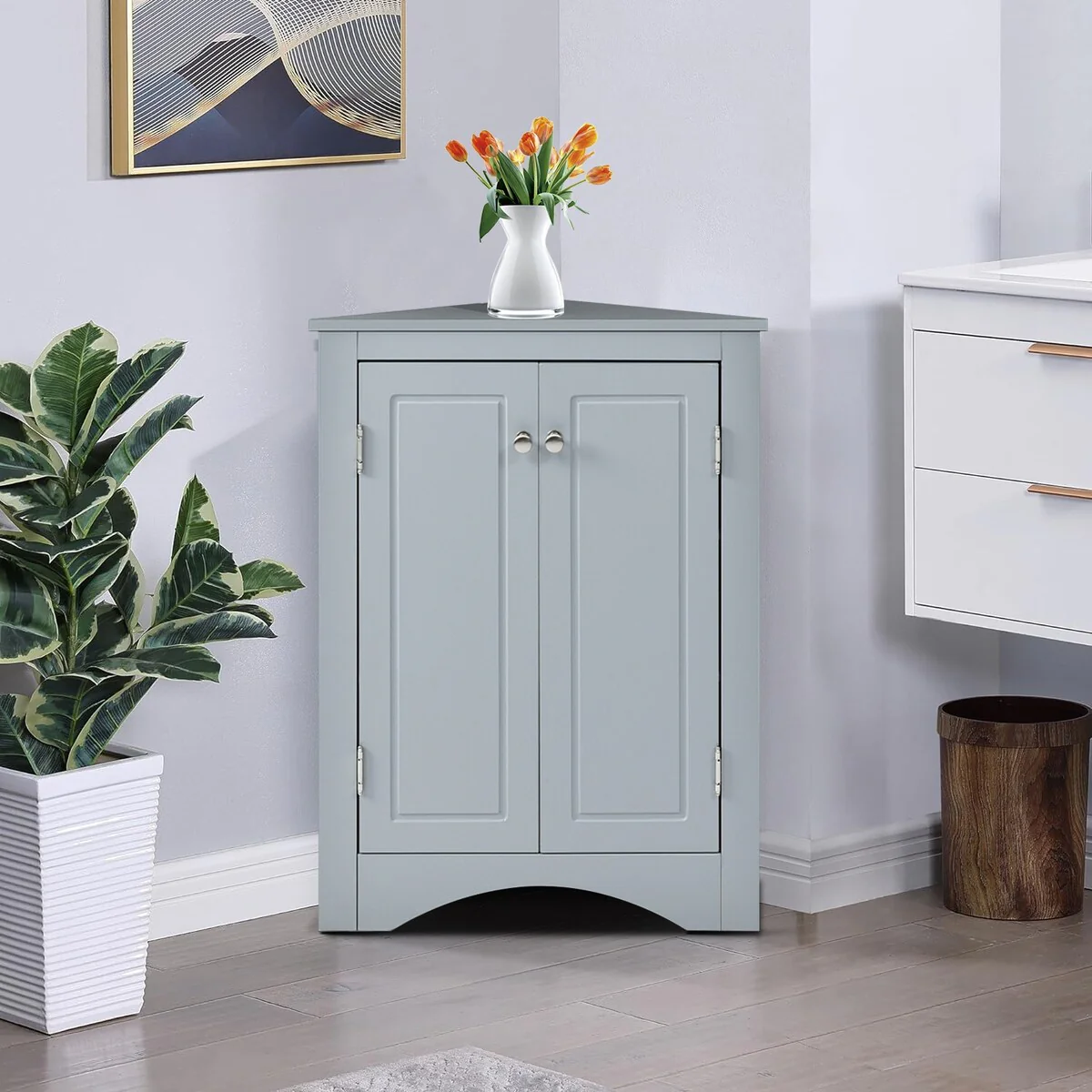 Modern Stylish Triangle Corner Storage Cabinet with Two Adjustable Internal Shelves