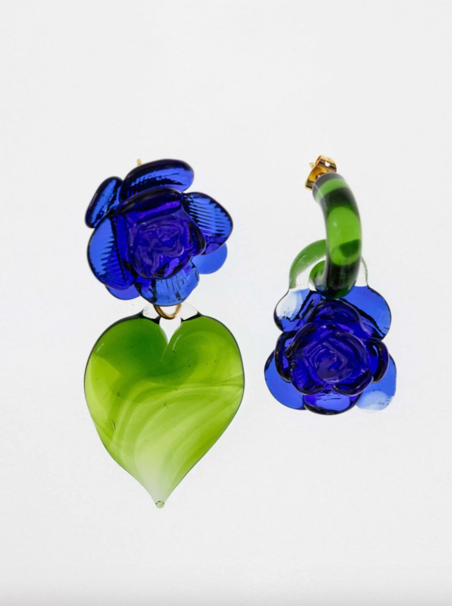 Rose Heart Earrings | Cobalt/Greenery