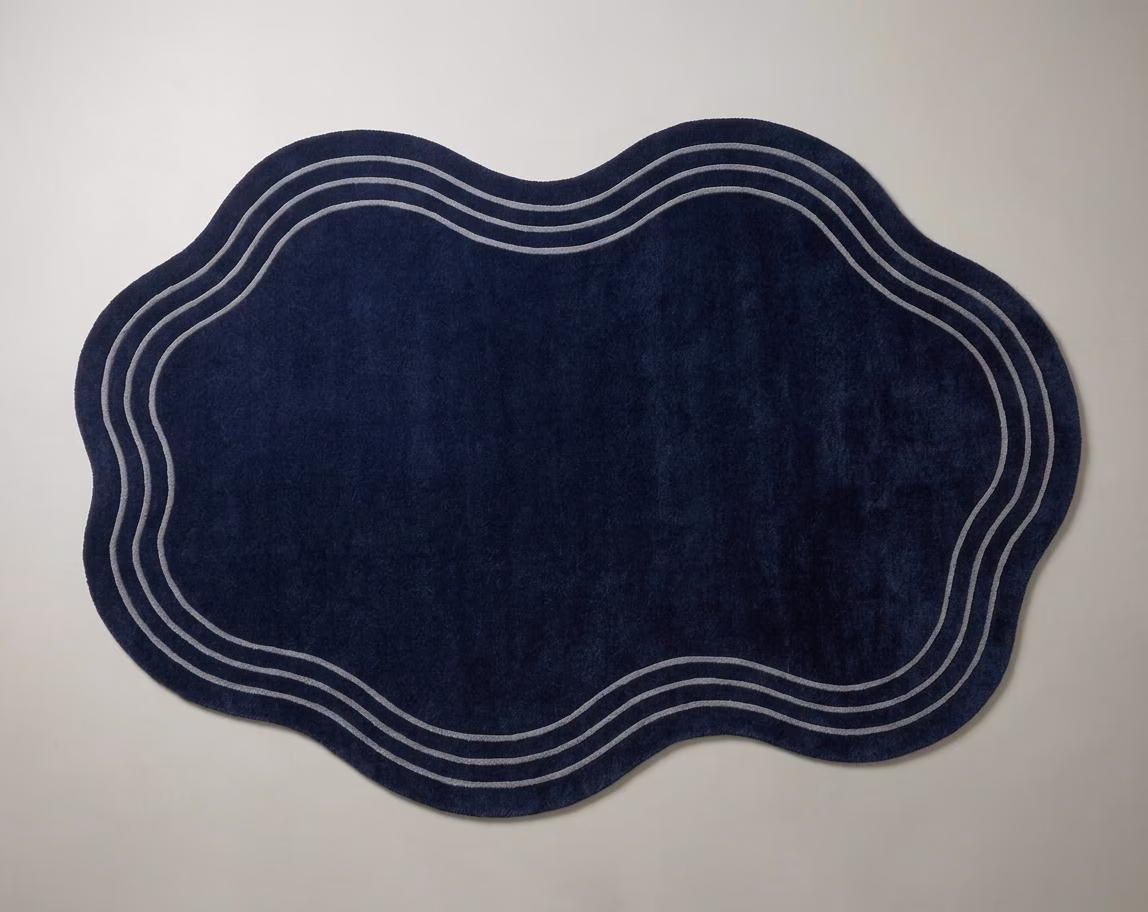 Navy Blue Organic Wavy Wool Rug | Hand Tufted Abstract Blob Area Rug, Soft & Durable