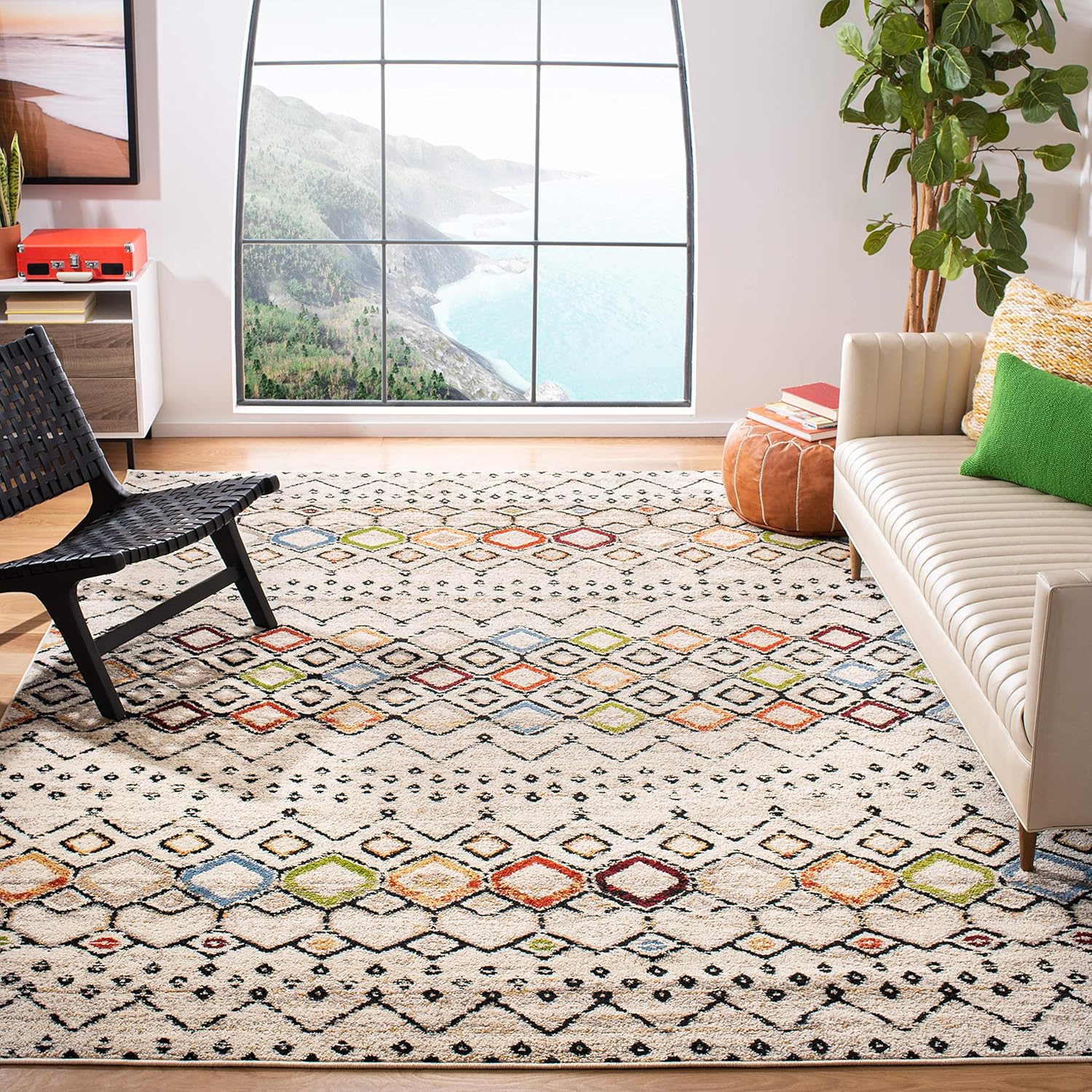 SAFAVIEH Amsterdam Collection Area Rug - 9' x 12', Ivory & Multi, Moroccan Boho Design, Non-Shedding & Easy Care, Ideal for High Traffic Areas in Living Room, Bedroom (AMS108K)