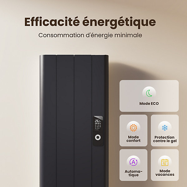EMKE Radiateur électrique incurvé 1000W en aluminium, WiFi Alexa/Google, écran LCD programmable, mural, gris anthracite