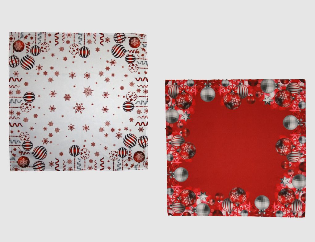 Tischdecke Digitaldruck Weihnachtskugeln Weiß oder Rot