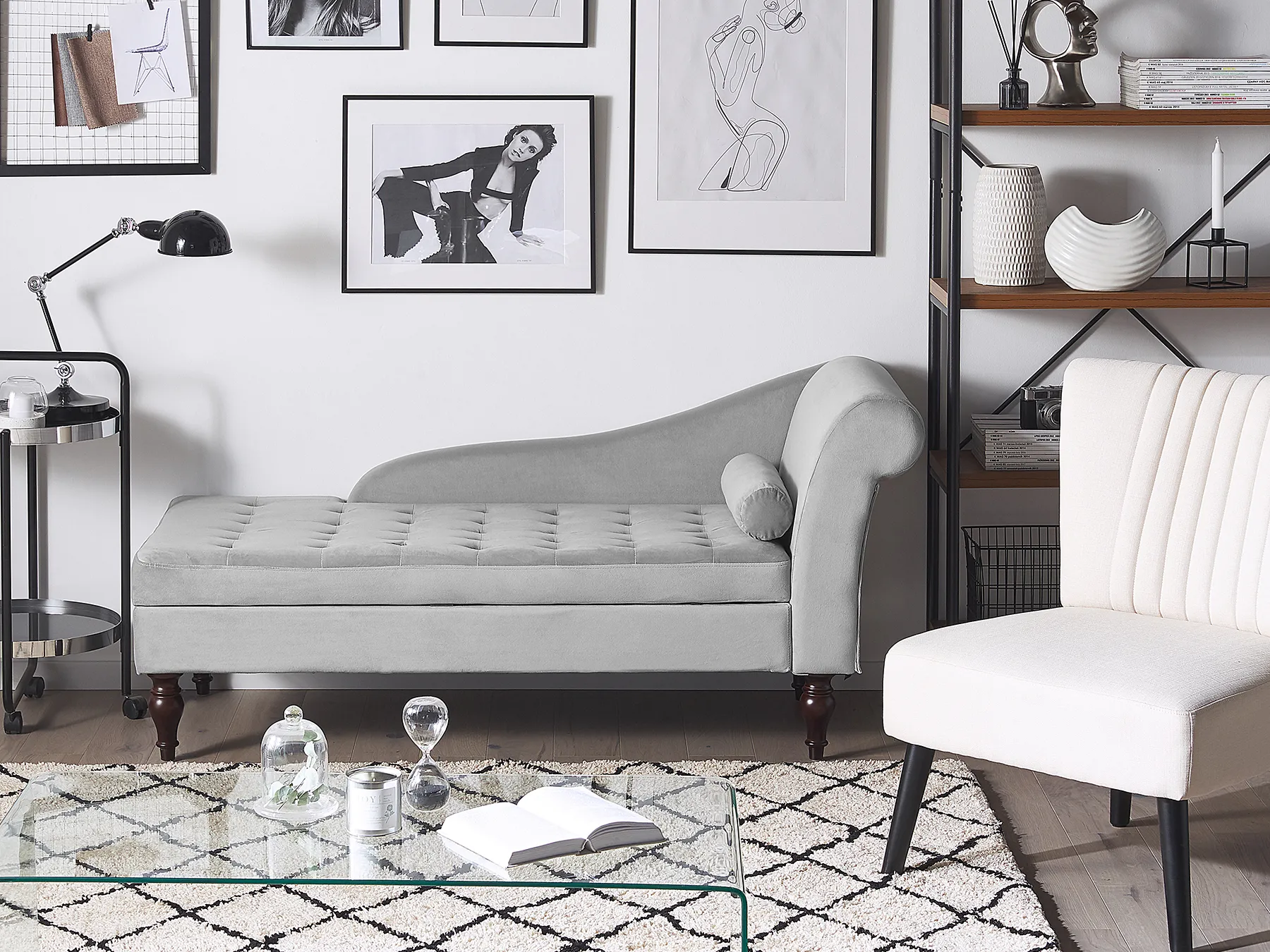 Right-Hand Chaise Longue PESSAC Velvet Light Grey with Storage