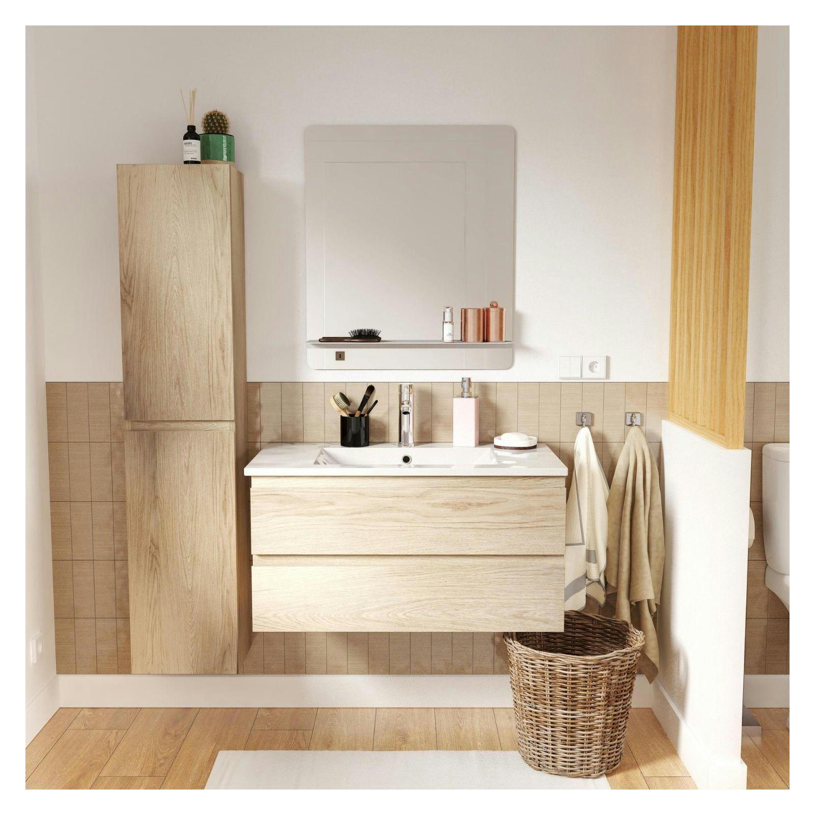 SORRENTO - Meuble simple vasque 80cm décor chêne +robinet chromé+miroir+colonne