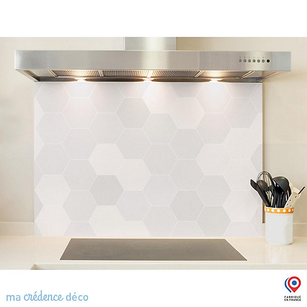 Crédence cuisine fond de hotte hexagone gris léger - Alu composite - L 60 cm x H 45 cm - MaCrédenceDéco
