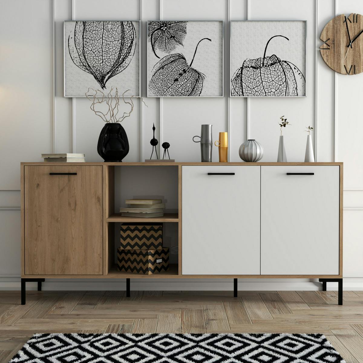 Buffet moderne effet bois et blanc, niches ouvertes JENA