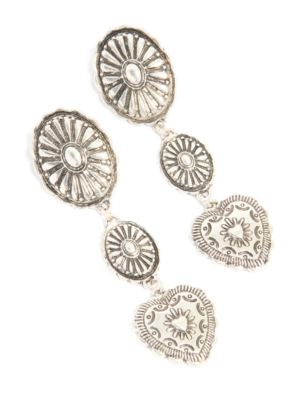 Antique Silver Textured Circle & Heart Drop Earrings
