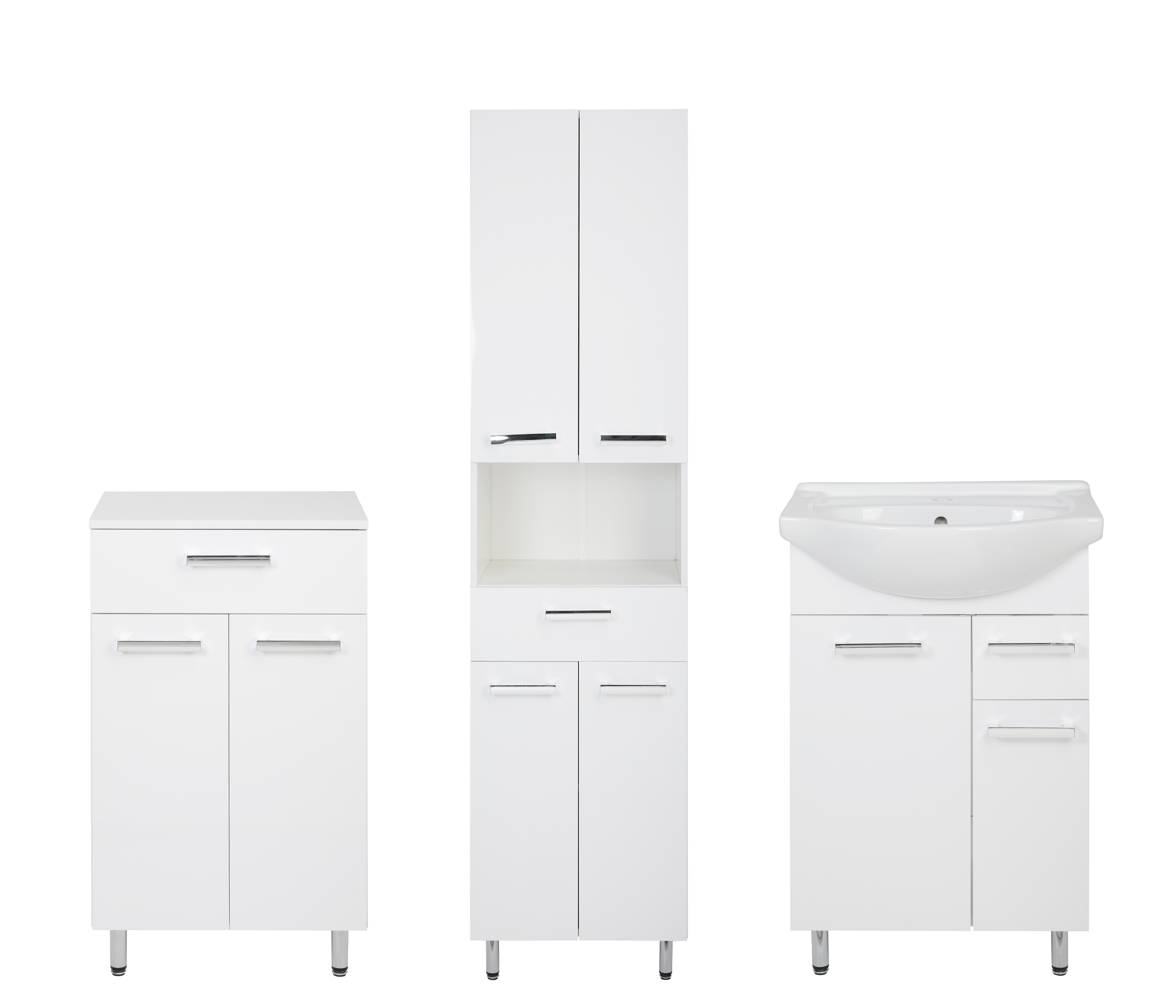 Biały Zestaw do Łazienki 55cm Szafka z Umywalką Słupek 50cm Komoda