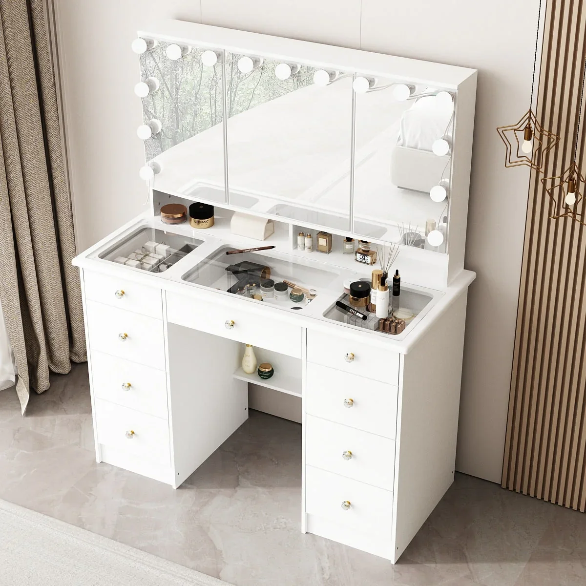 Makeup Vanity with Tri-Fold Mirror, Certified Lighting  Glass Top Dresser(White)