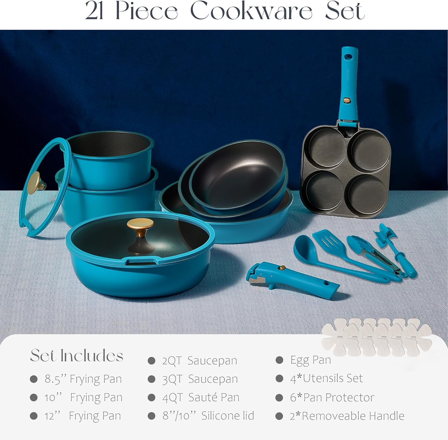 CAROTE 21pcs Pots and Pans Set, Nonstick Cookware Set Detachable Handle, Induction Kitchen Cookware Sets Non Stick with Removable Handle, RV Cookware Set, Peacock Blue
