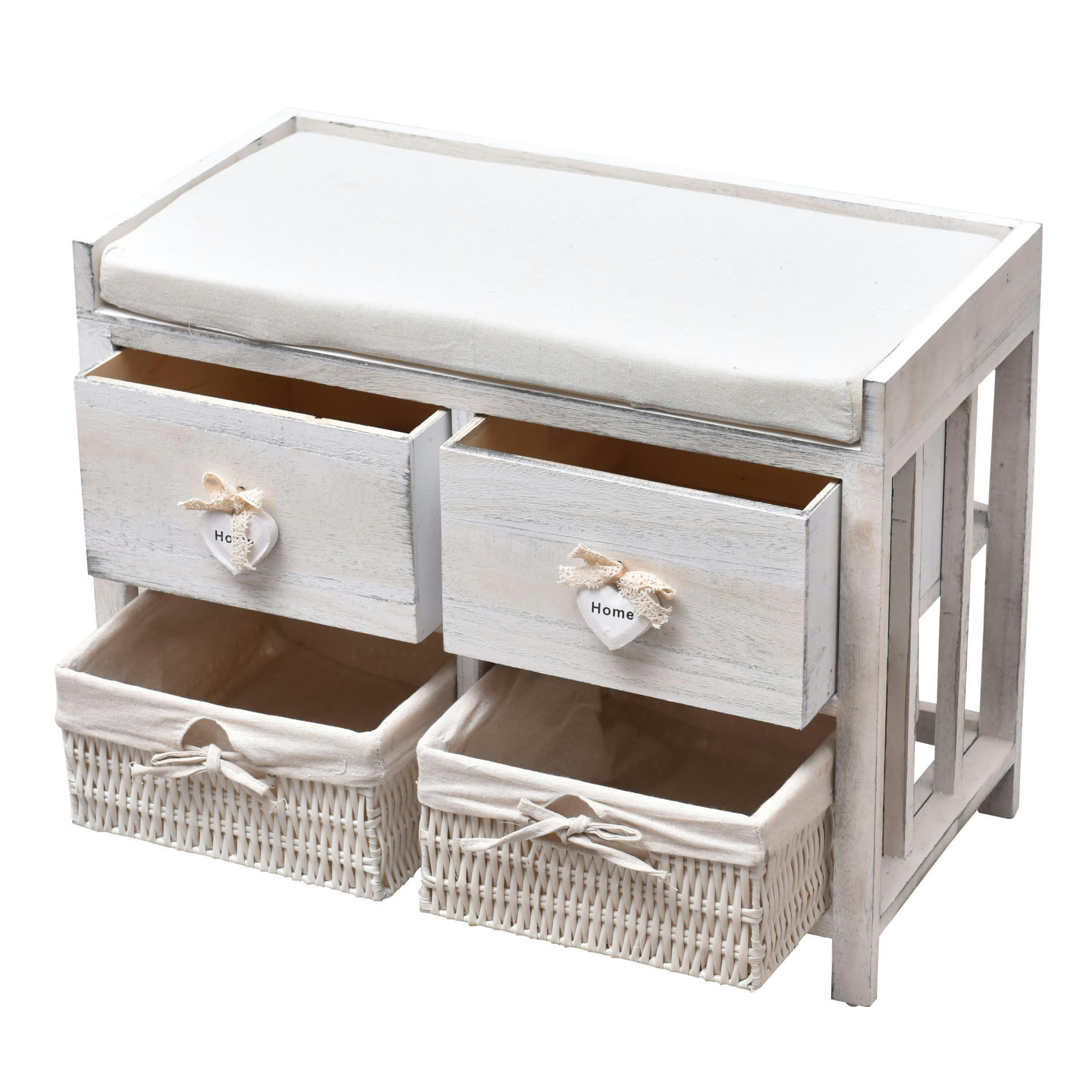 - Banc coffre coeurs avec 4 tiroirs en bois et osier blanc