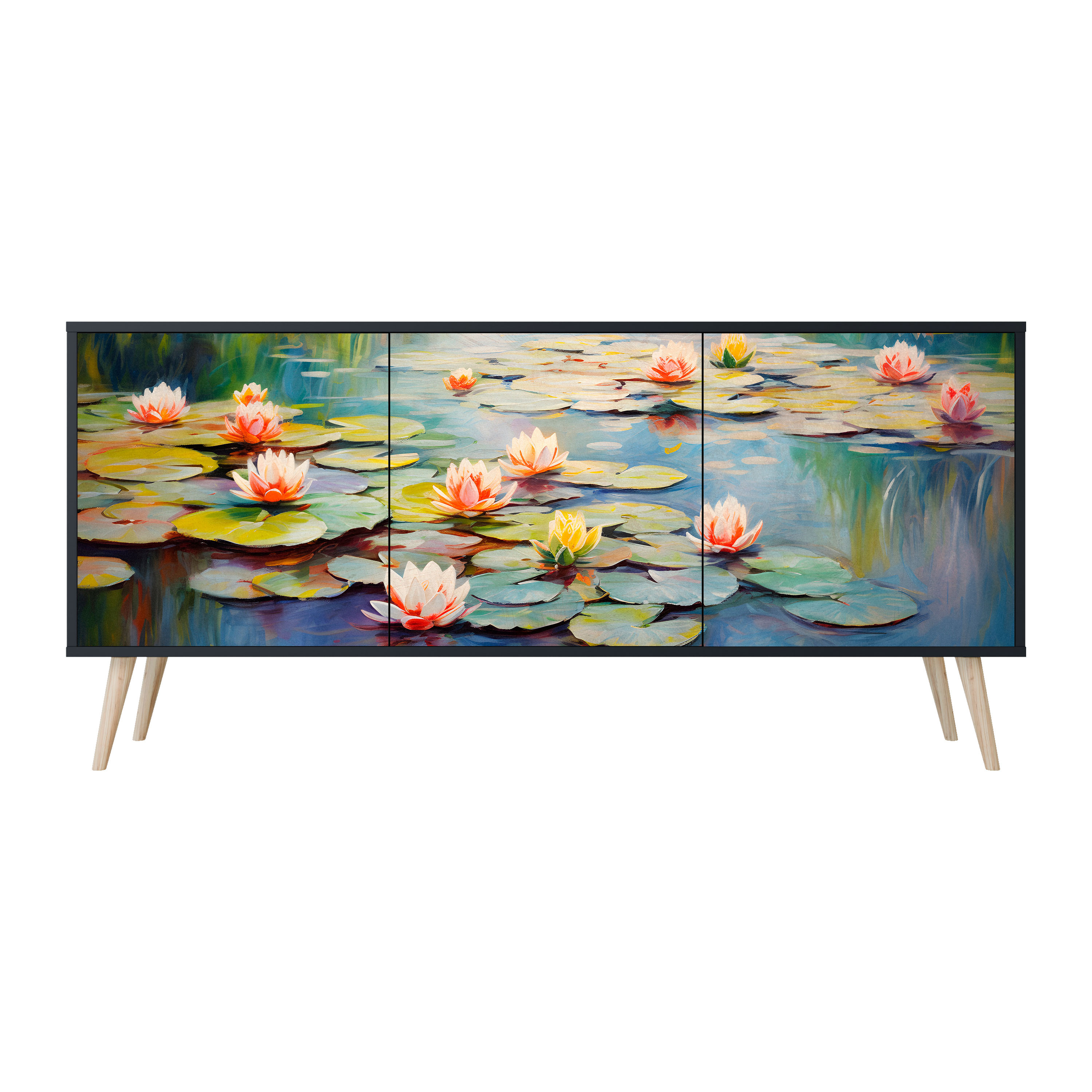 BLOOMING WATERS Komoda 3 drzwi Czarna-Bukowa skośna