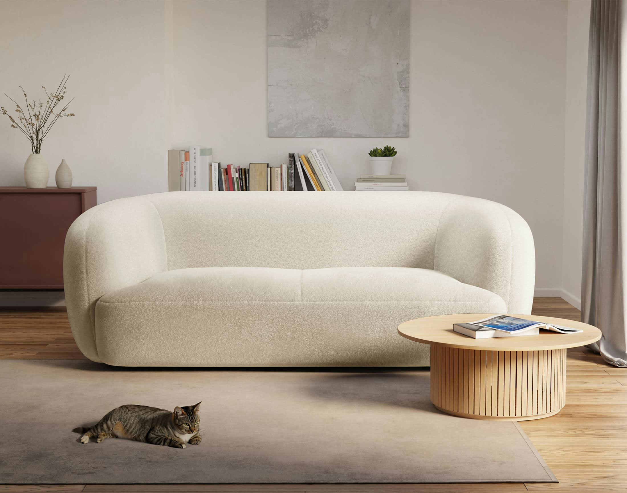 ERNEE - Canapé droit 3 places en velours beige