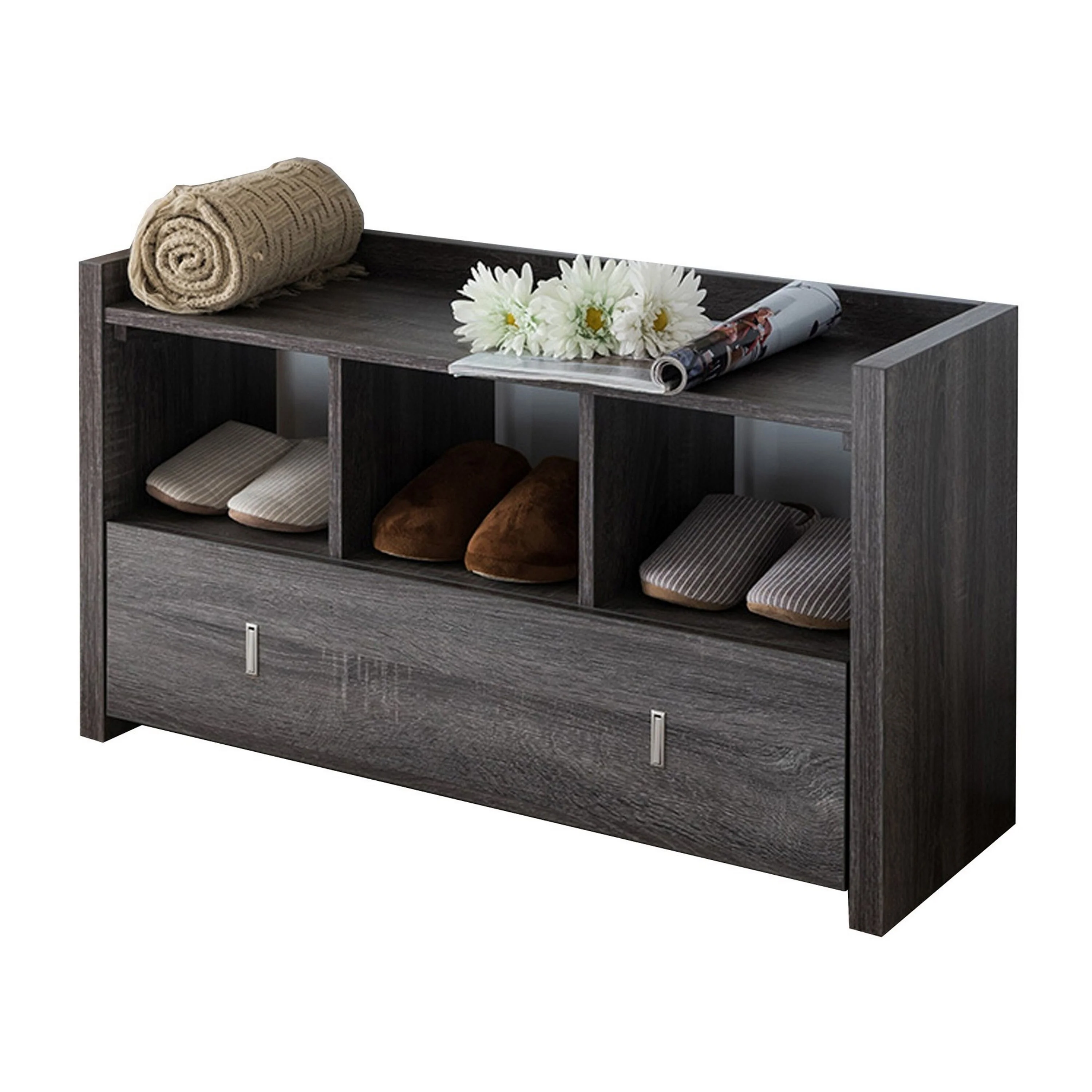 Beak Shoe Bench, 3 Open Shelves, Drawer, 34 Inch Distressed Gray