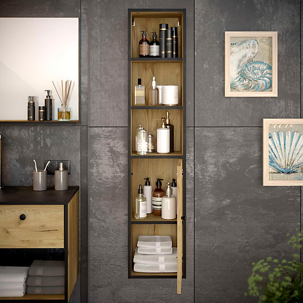 Colonne de salle de bain LARA 1 porte 140x30x25 cm noir et chêne T-BATH