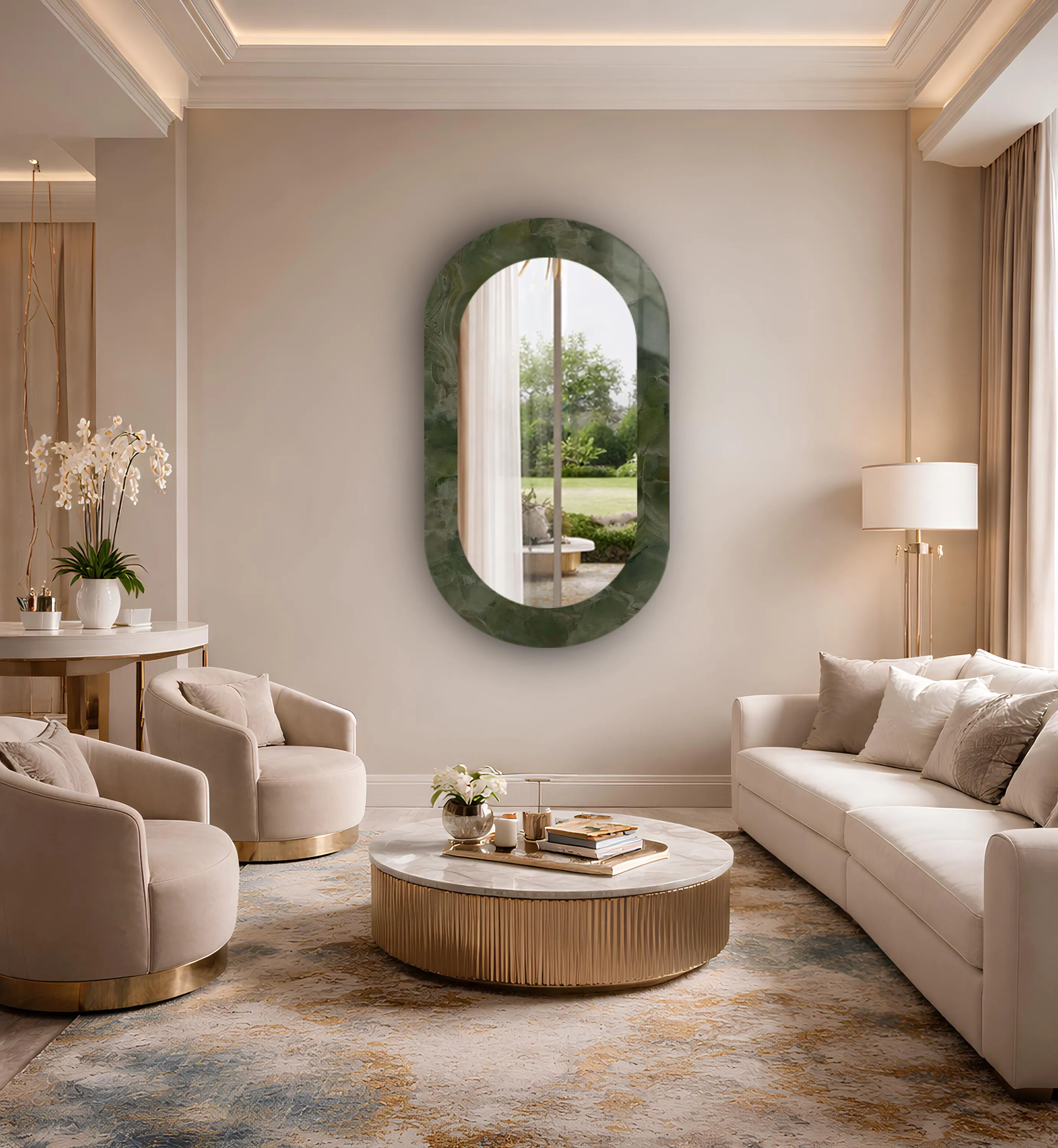 Green Marble Oval Wall Mirror – Contemporary Luxury Decorative Mirror for Bathroom, Living Room, Entryway & Bedroom Decor