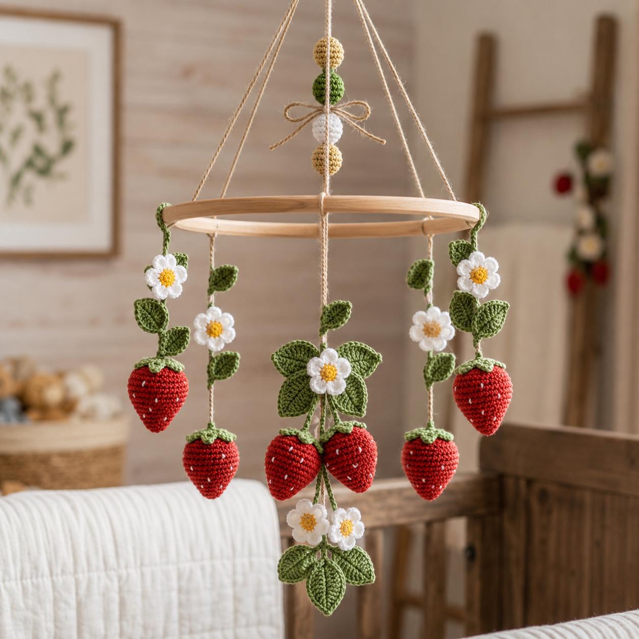 Crochet Strawberry Baby Mobile – Handmade Crib Mobile with Flowers, Strawberry Nursery Decor, Baby Shower Gift, Gift for Baby