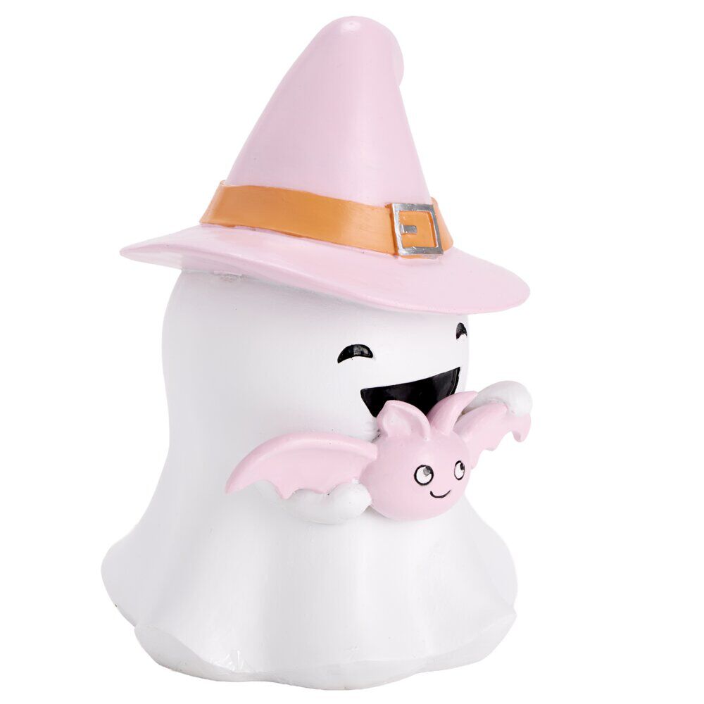 Fantôme Halloween décoratif sorcier mignon résine blanc et rose pastel Ø17xH25cm