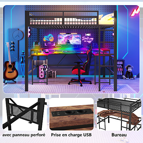Lit mezzanine 140x200cm - structure en fer - bureau intégré - LED - USB et prise - noir (matelas non inclus)