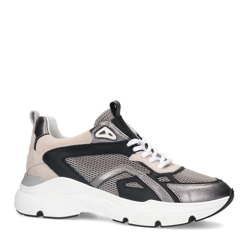 Manfield Zilverkleurige leren sneakers met mesh details