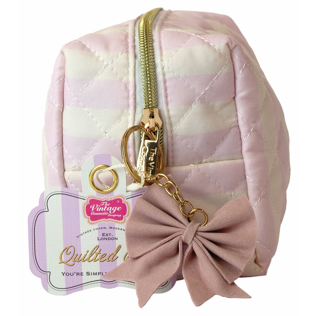 Aroma Home Pink Stripe Quilted Make-Up Bag with Bow Charm