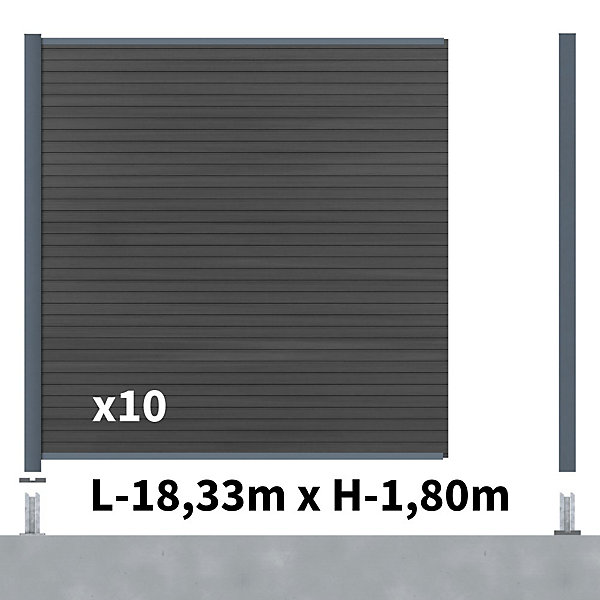 Kit Clôture Composite SANTOS Ardoise 18x1,8m - Bois composite &Aluminium - Poteaux sur Platines Gris - Brise vue - Palissade