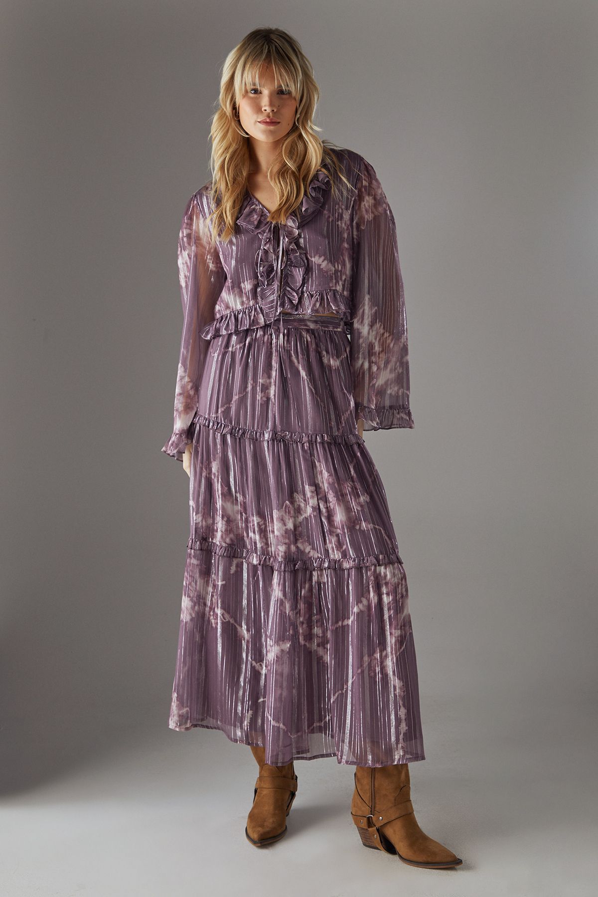 Warehouse Metallic Chiffon Ruffle Tie Front Flared Sleeve Blouse