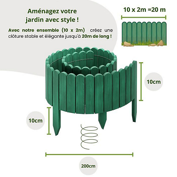 Clôture en bois flexible - Floranica - 20 m - Verte - 2 m x 10 cm - 10 pièces