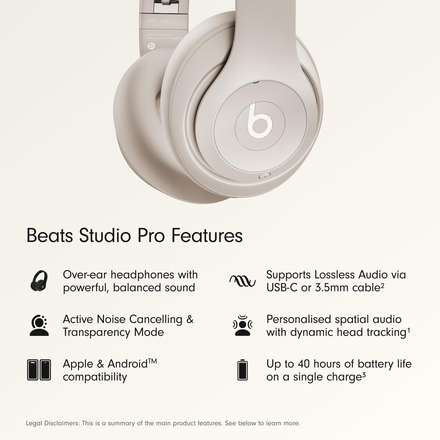 Beats Studio Pro-Premium Wireless Over-Ear Headphones- Up to 40-Hour Battery Life, Active Noise Cancelling, USB-C Lossless Audio, Apple & Android Compatible- Sandstone