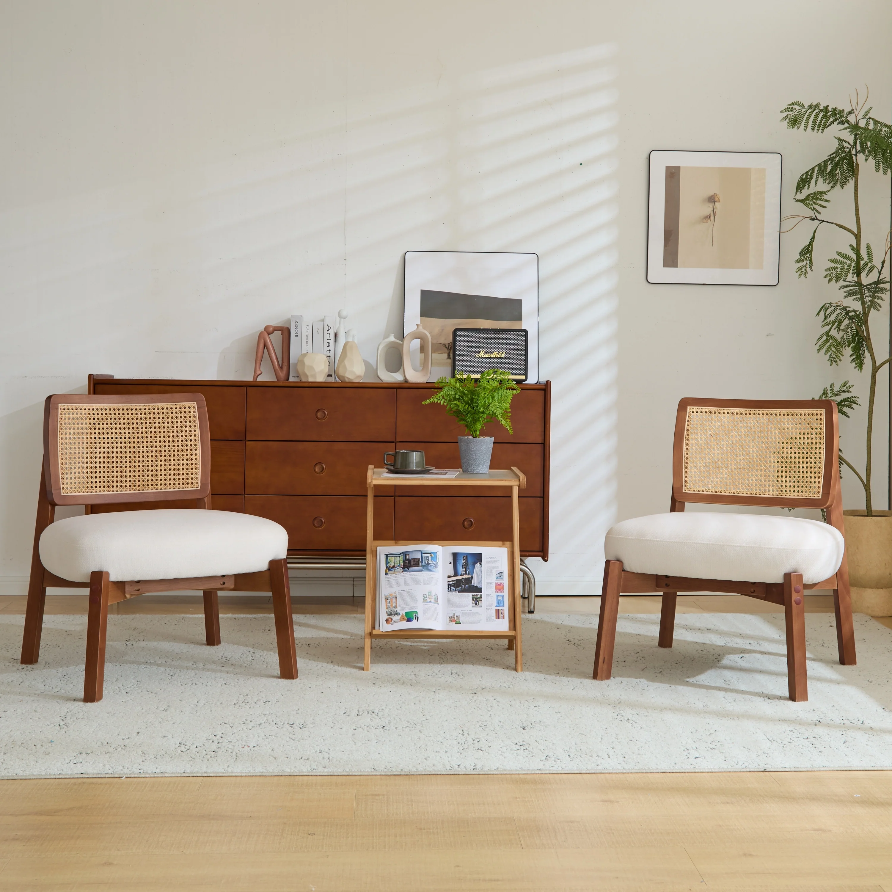 Christopher Knight Home -Alma (Set of 2) Modern Beige Lounge Chair with Woven Backrest, Sturdy Wooden Frame