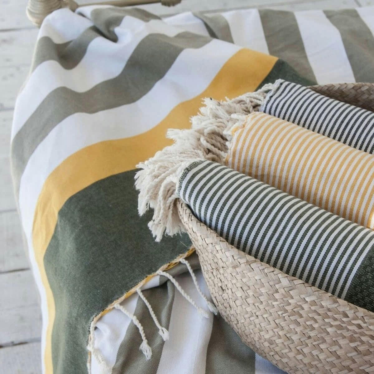 ARCACHON - Fouta tricolore coton  100x200 taupe clair / safran / vert kaki