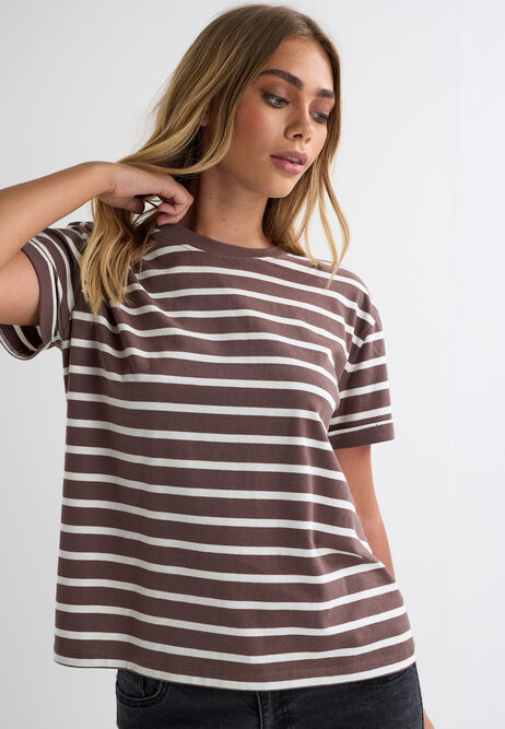 Womens Chocolate Brown Stripe Cotton T-Shirt