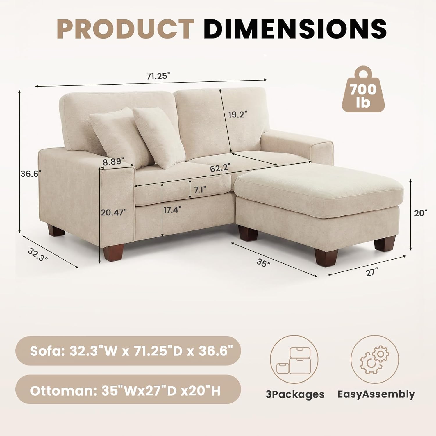 DOPEDIO L-Shaped Sectional Sofa with Storage Ottoman, Modern Chenille Recliner Loveseat, Removable Couch Covers, Pocket Spring Cushions, Solid Wood Frame, Easy to Install (71.25inch, Beige)